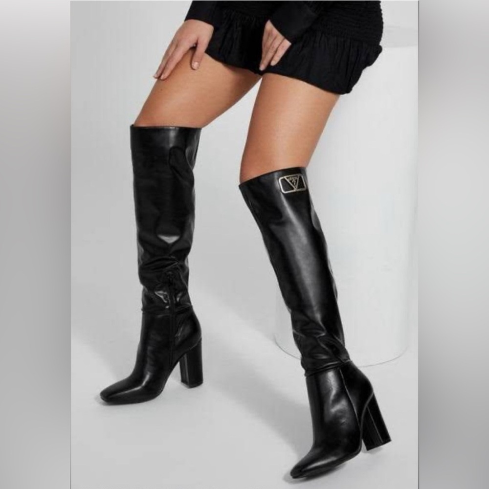 Guess Black leather Over the Knee Boots with Logo Detail